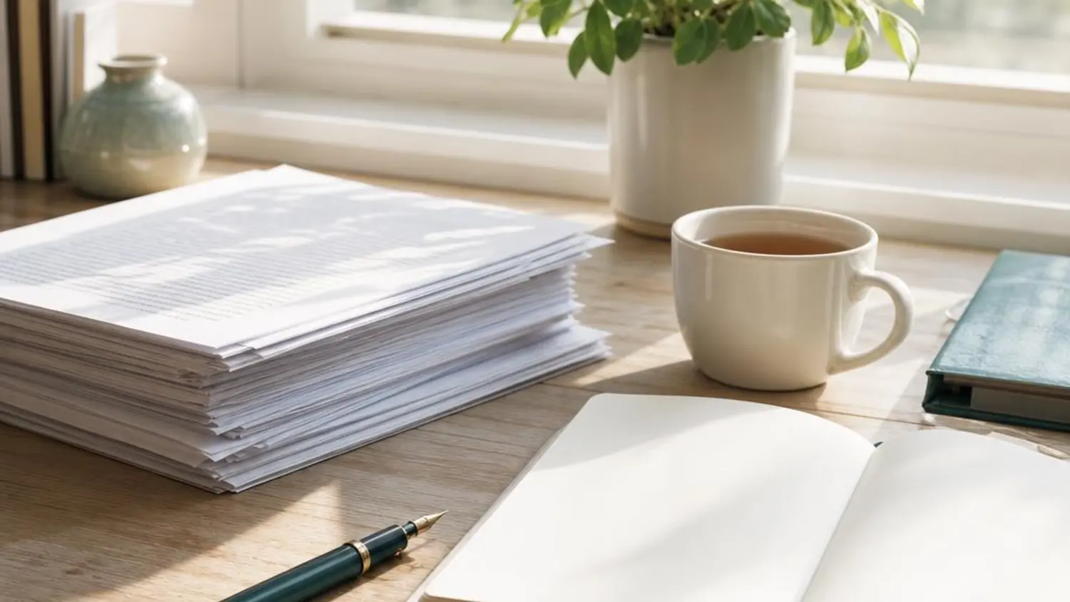 A writing desk by a window with printed pages, an open notebook, a pen and a cup of tea.