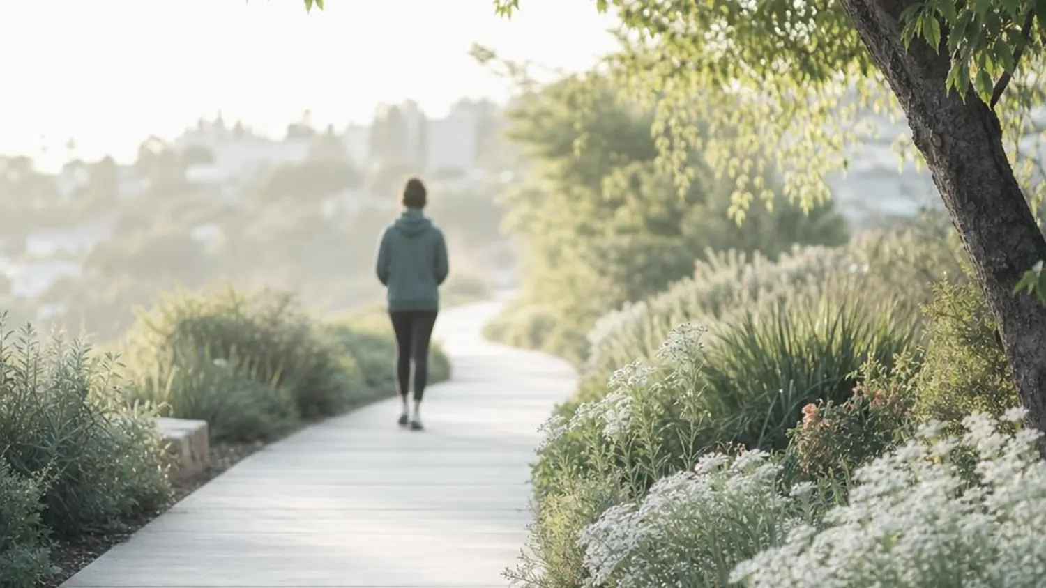 A quiet garden path in early morning light with a figure walking into the distance.