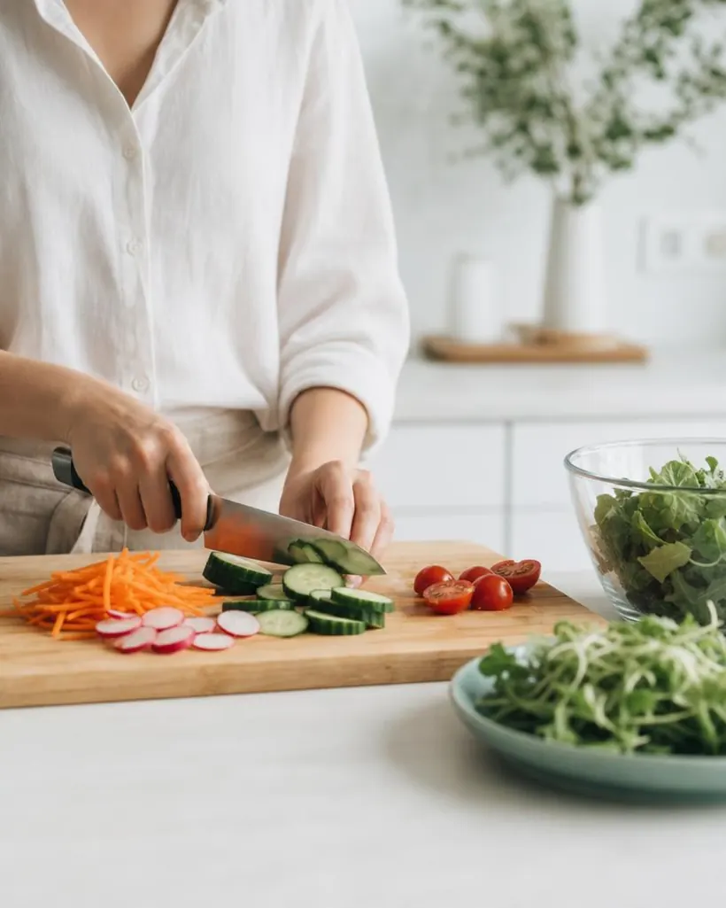 Hands slicing fresh vegetables on a wooden board in a bright kitchen.