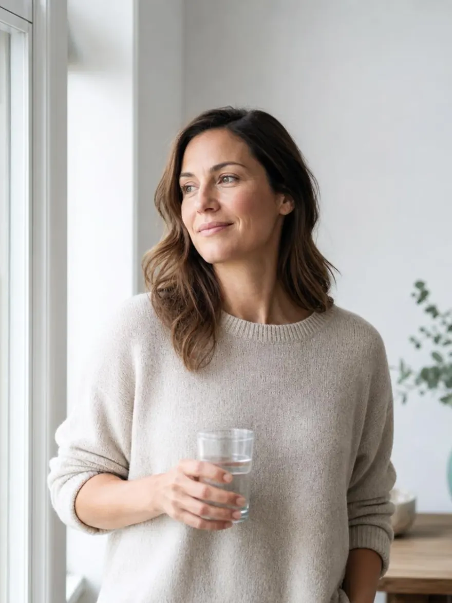 A woman standing beside a bright window at home, holding a glass of water.