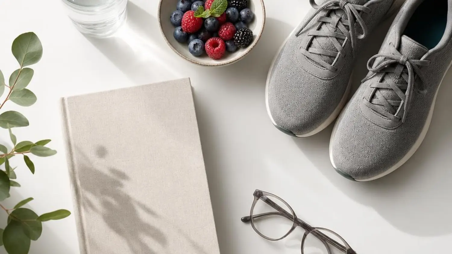 A glass of water, a bowl of berries, walking shoes, a notebook and reading glasses arranged on a white surface.